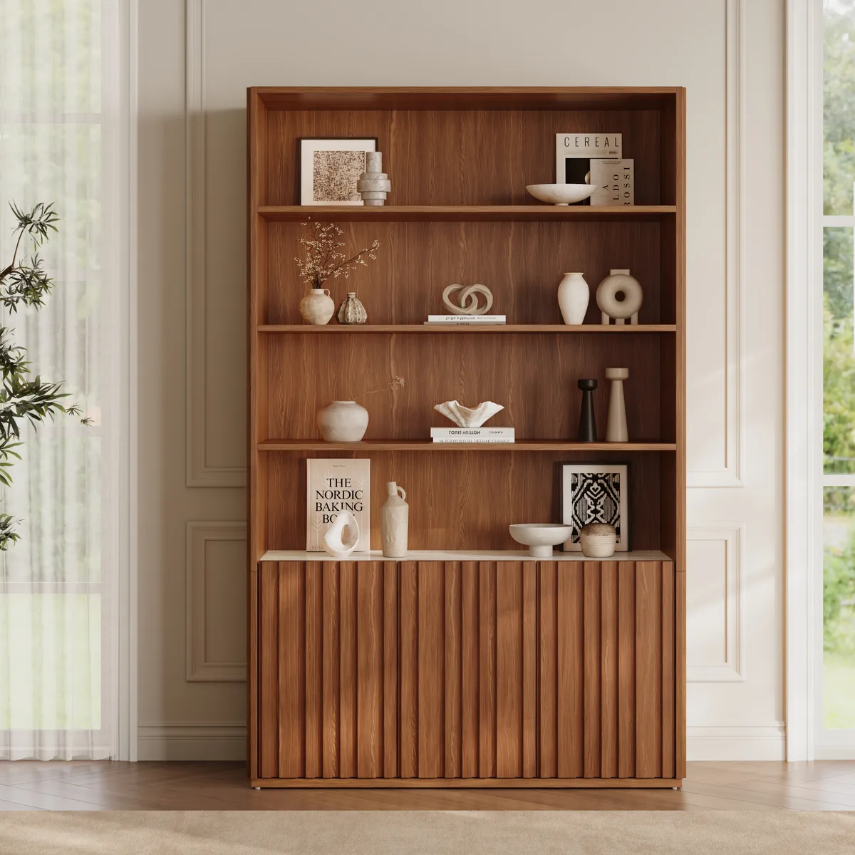 Aura 47” Ash Wood Fluted Walnut Bookcase With Sintered Stone Top — image 2