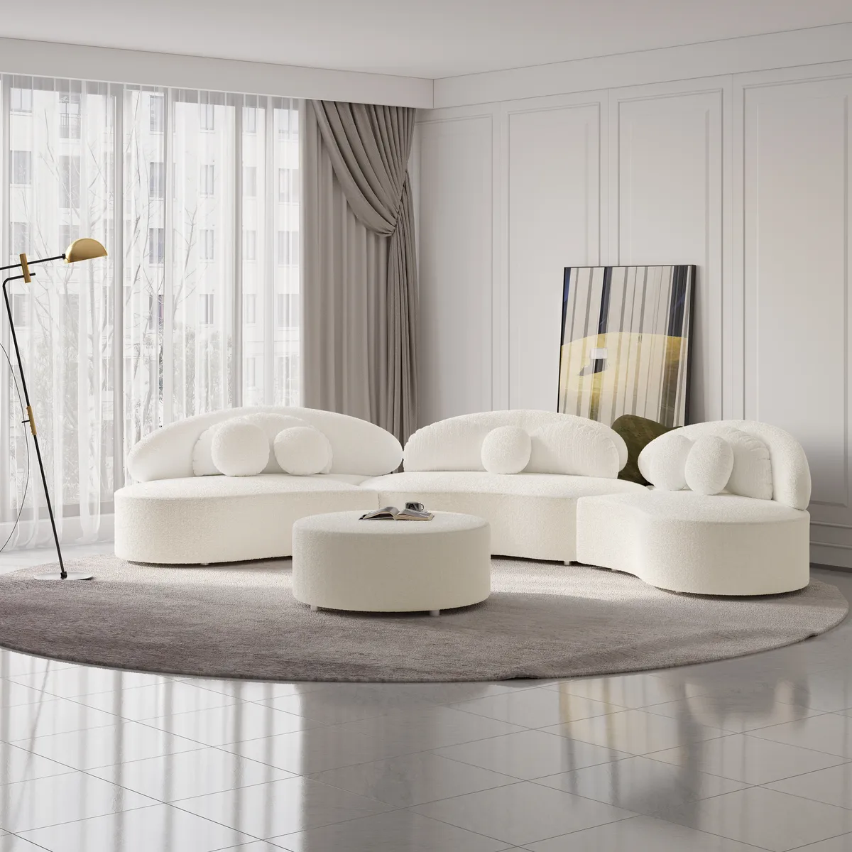 Modern 7 Seat Sectional Sofa Curved Modular Beige Velvet Upholstered with Ottoman — image 16