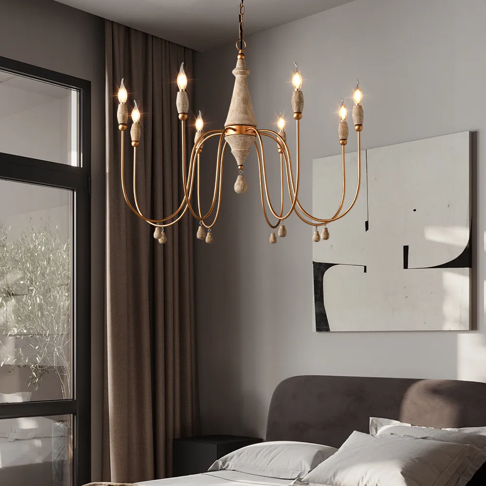 Mid-Century 8-Light Candle-Style Chandelier with Gold Ovated Wood Farmhouse Modern Pendant Light — image 6