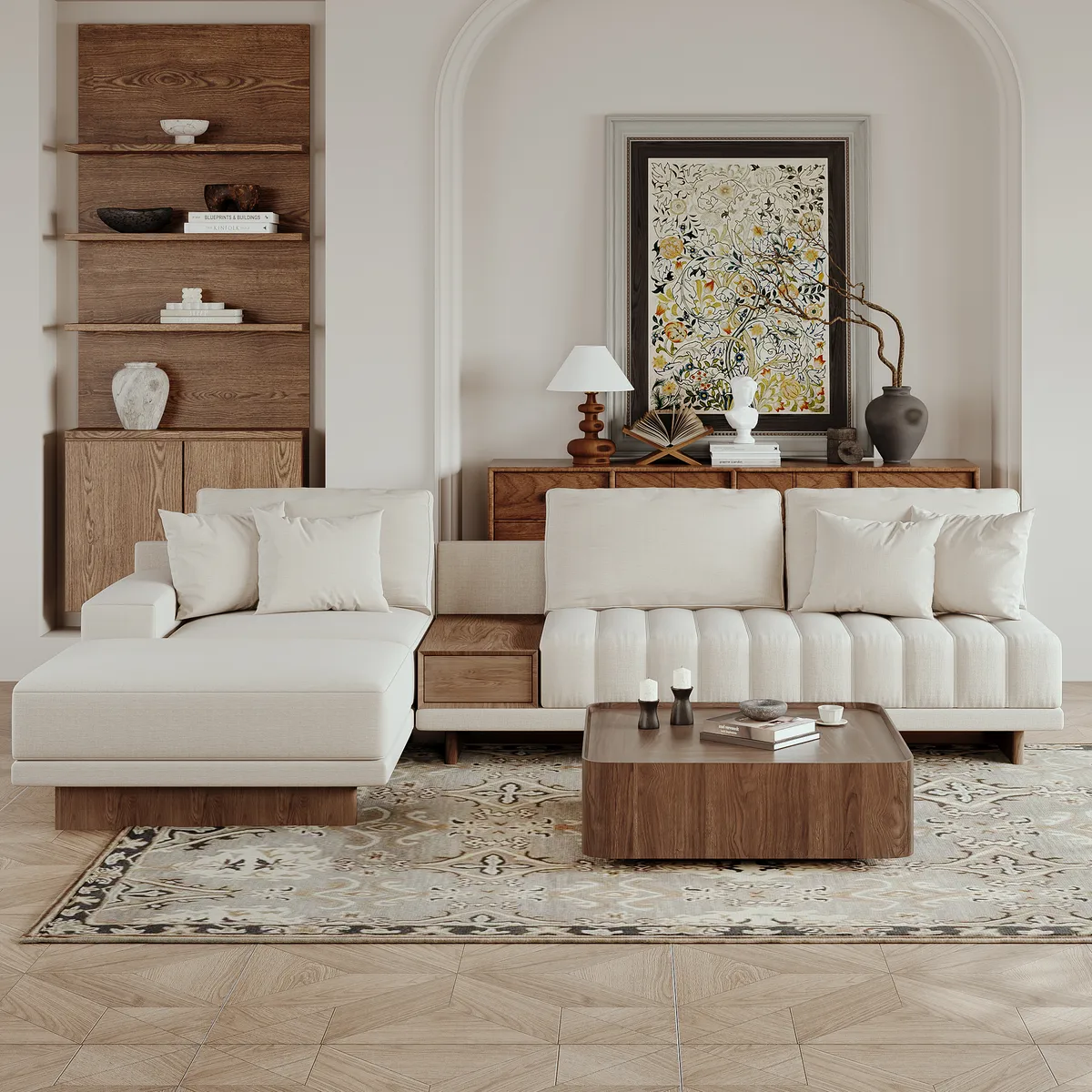 Modern Living Room Couch Set Fabric L-Shaped White Modular Sectional Sofa & Wood Block Coffee Table — image 3