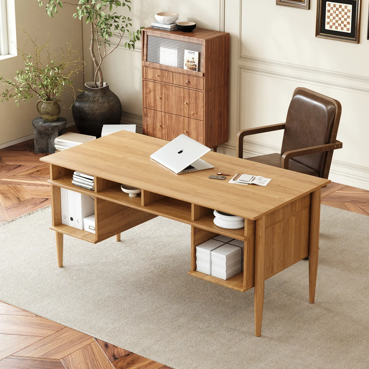 Mid-Century Solid Wood Home Office Desk with 6 Drawers — image 14