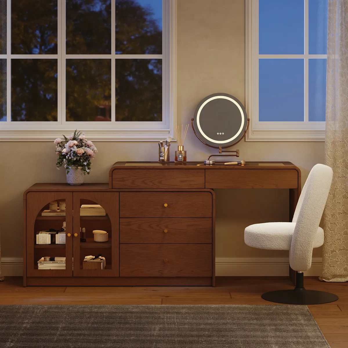 Mid Century Modern Extendable L-Shaped Makeup Vanity Dresser with LED Mirror(49"–91") — image 6