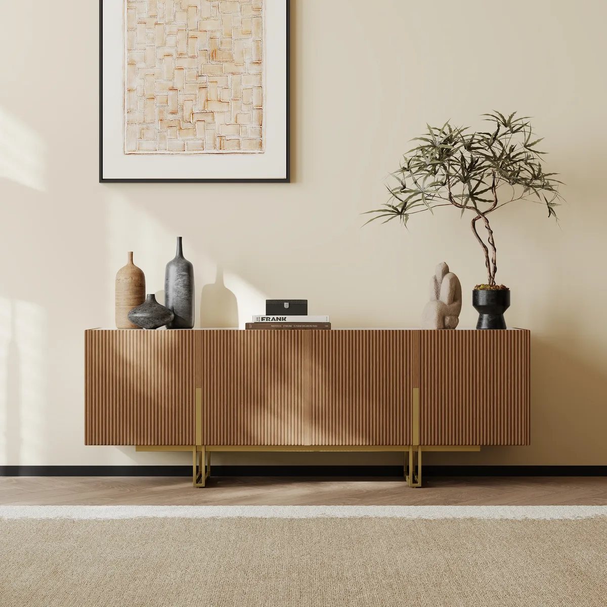87" Stone Top Walnut TV Stand Minimalist Media Console with 4 Doors & 6 Shelves — image 22