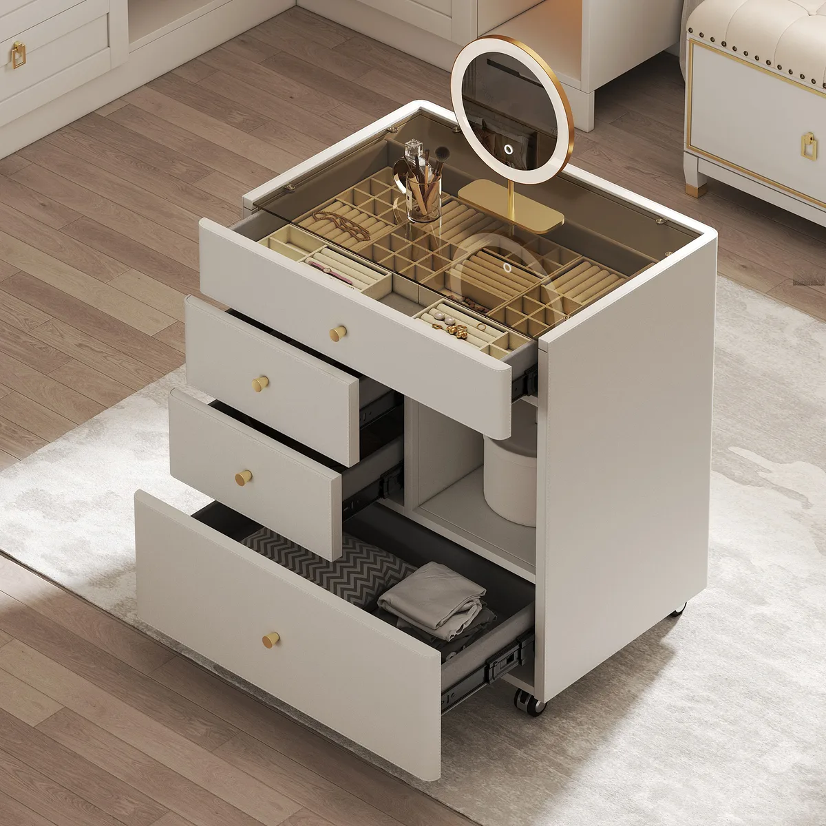 Saddle Leather Walk-In Closet Island Jewelry Dresser with Glass Top