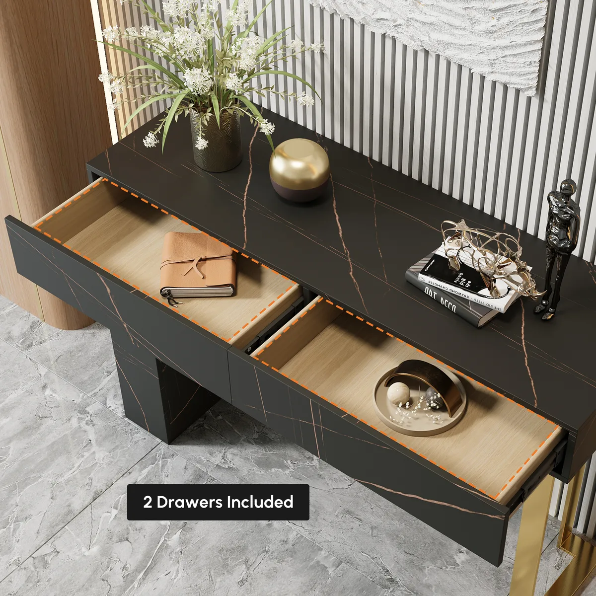 47.2" Black Console Table Modern Accent Table For Entryway with 2 Drawers & Stainless Steeel Base — image 9