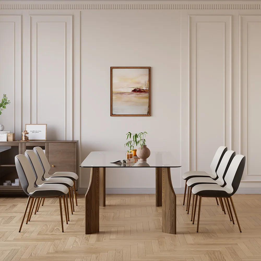71" Rectangle Glass Dining Table for 8 Person Walnut Solid Wood 4-Legs — image 5