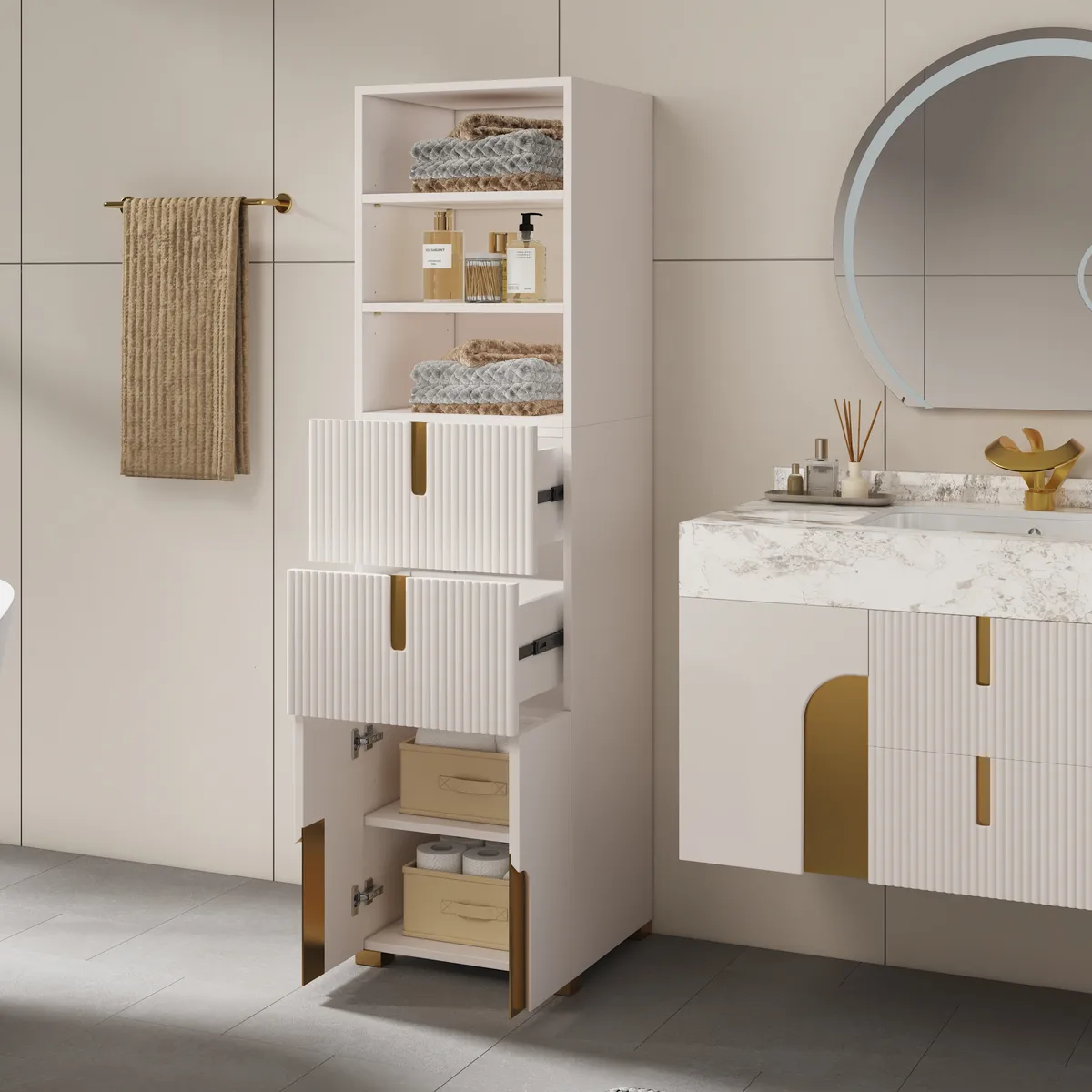 Artis 59" Bathroom Storage Cabinet – Freestanding Linen Tower with 2 Drawers & 2 Doors — image 12