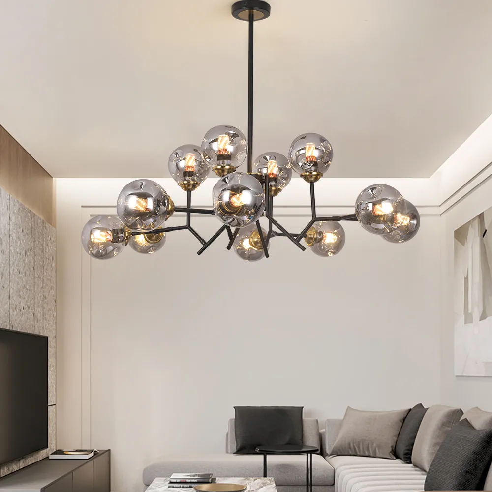 Modern Linear 12-Light Kitchen Island Light Black Chandelier with Globe Glass Shade Pendant Lighting — image 3