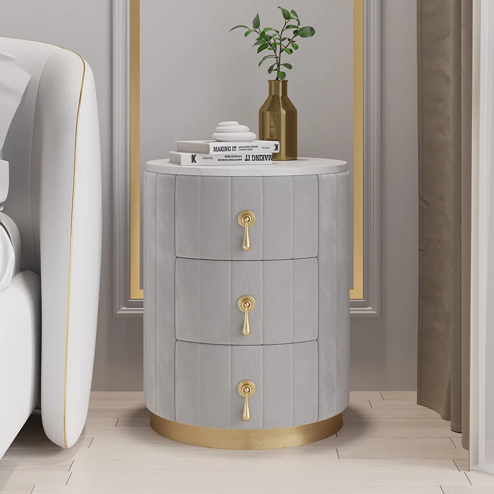 Modern Nightstand Gray Round Nightstand with 3 Drawers Nightstand with Storage — image 11