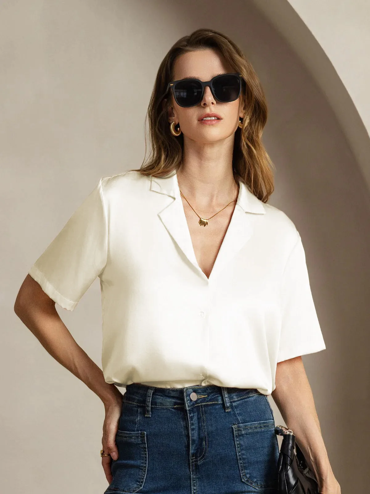 19Momme Silk Short Sleeve Notched Lapel Women's Shirt with Button Up Design — image 3