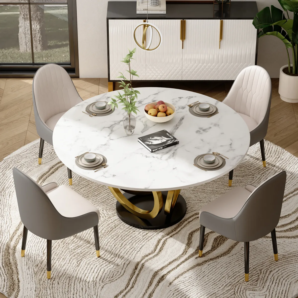 Dining Table Set 53.1" Faux Marble Dining Table White with 4 Velvet Chairs Modern — image 24