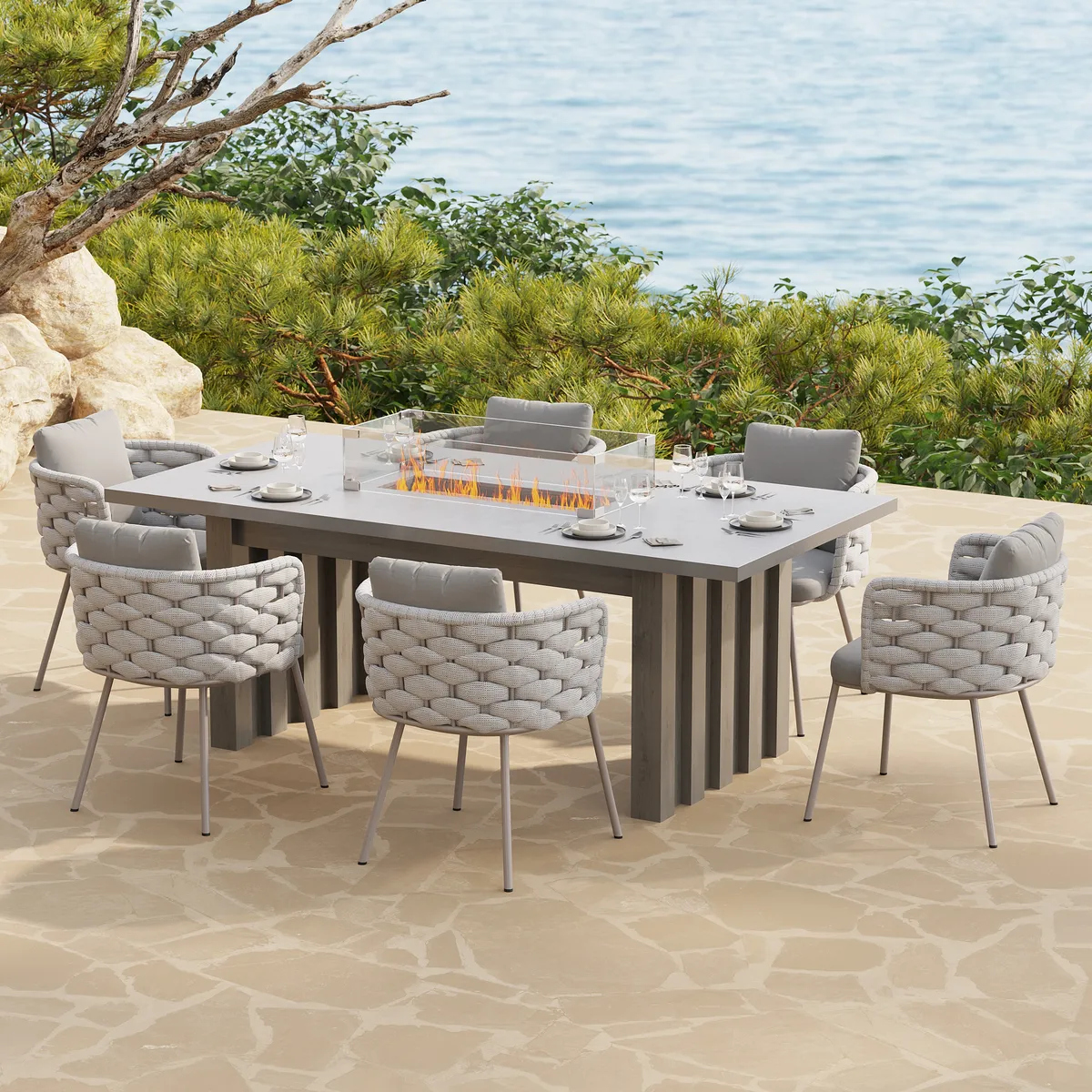 7 PCS Outdoor Propane Fire Pit Table & Rope Woven Armchair Rectangular Outdoor Dining Set Modern Yard &Ptio Furniture for 6 Person — image 3