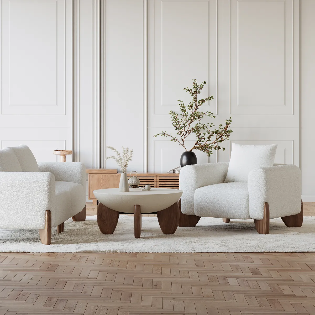 Living Room Sofa Loveseat Set Upholstered 2-Seater Couch & 2 White Boucle Accent Chairs Single Couch Set — image 5