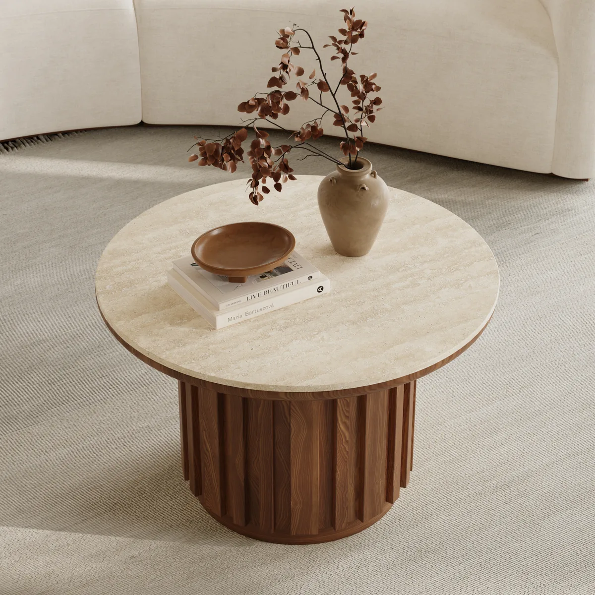 Aura Ash Wood Slatted Round Coffee Table with Sintered Stone Top — image 12