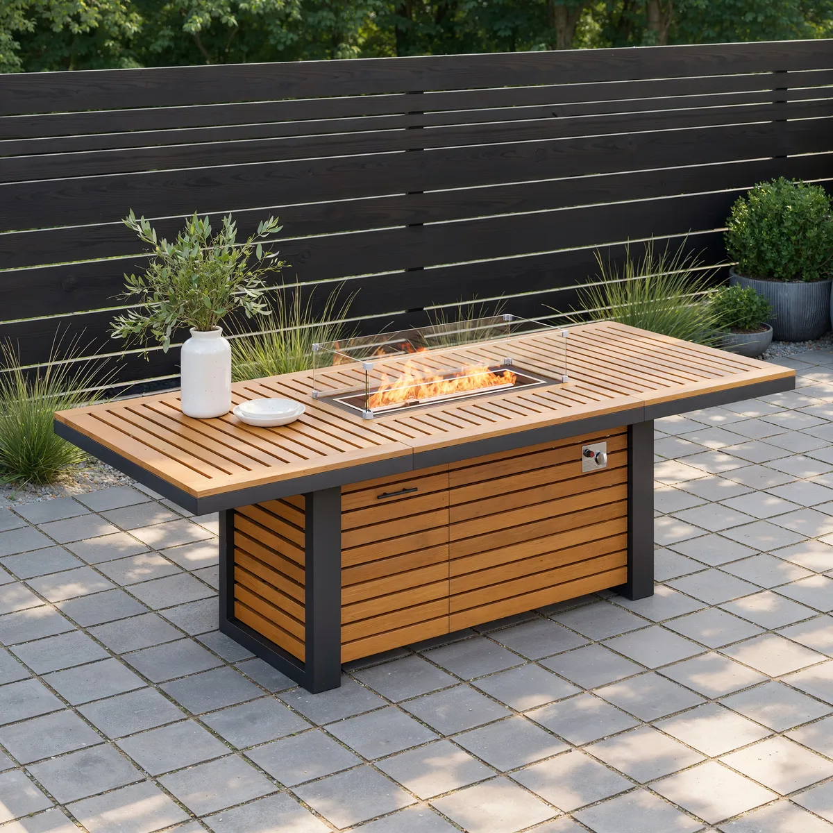 Tevara 94.5" Outdoor Propane Fire Pit Dining Table with Hidden Tank & Wind Shield