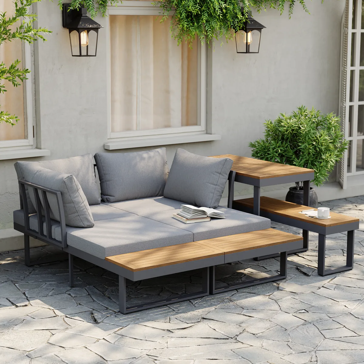 Slatera Outdoor Acacia & Aluminum Modular Sofa Set in Dark Gray with Black Cover — image 24