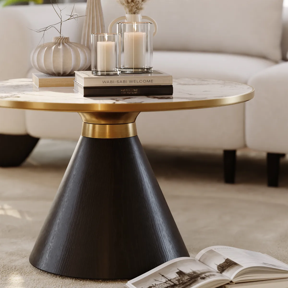 Sintered Stone Round Coffee Table Modern Black Living Room Furniture — image 23