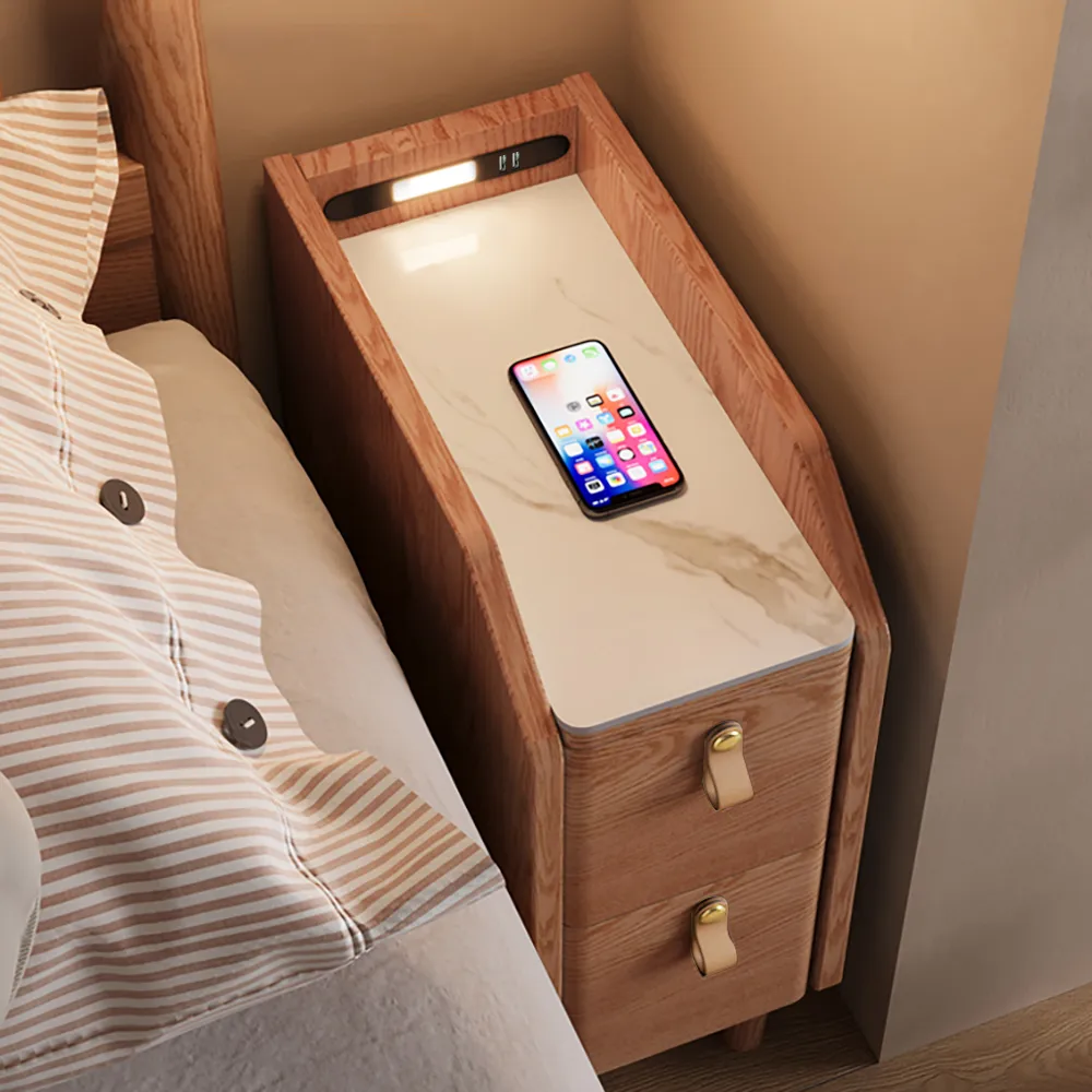 Modern Narrow Smart Nightstand Cherry Bedside Table with Sensor Light & USB Port — image 3