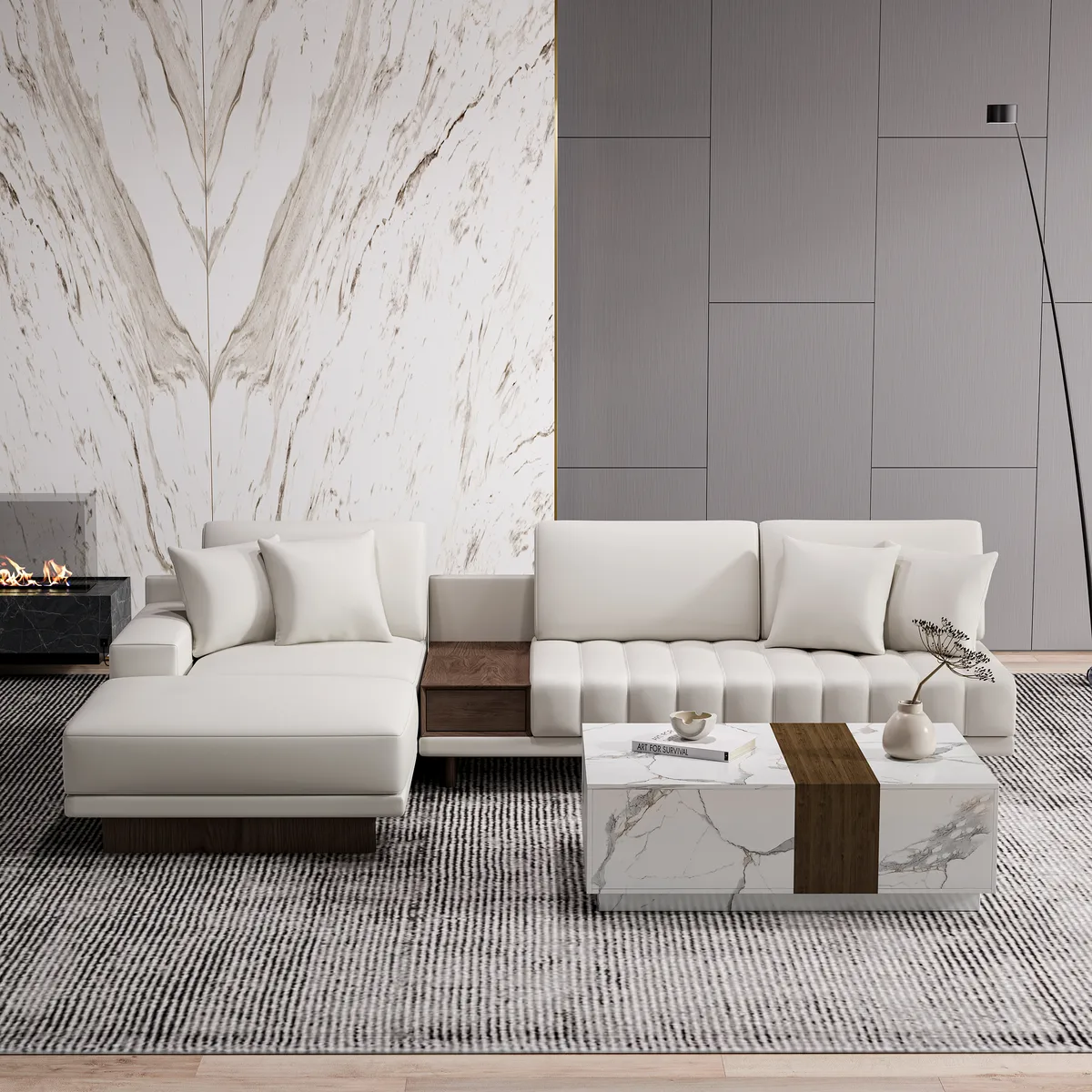 Modern Living Room Couch Set Fabric L-Shaped White Modular Sectional Sofa & Wood Block Coffee Table — image 27