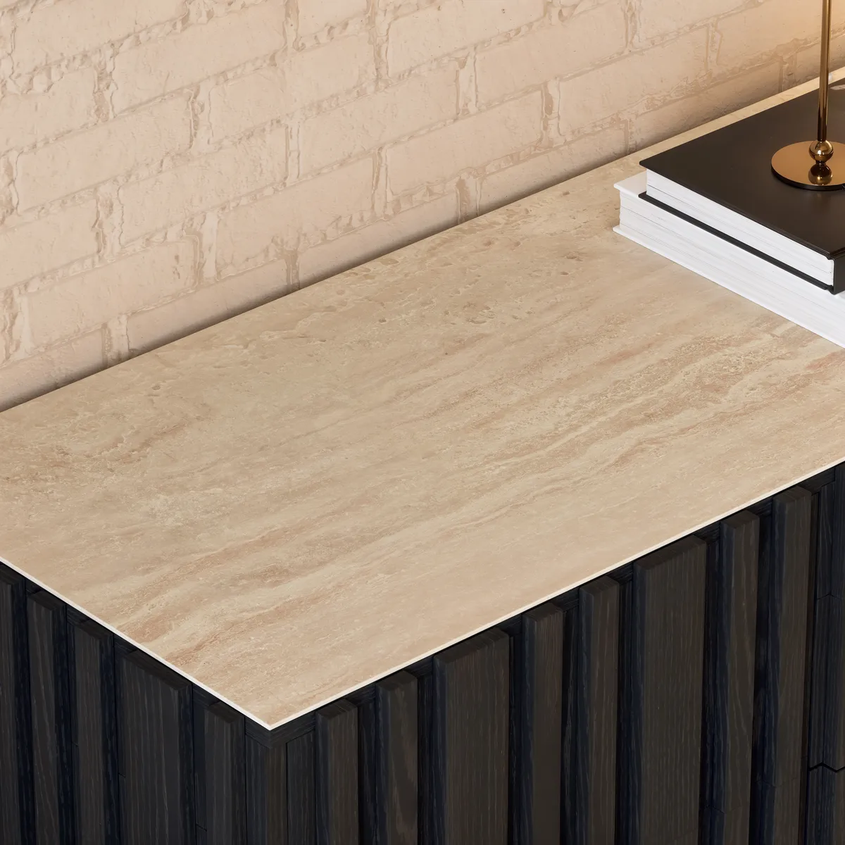 Aura 60" Faux Travertine Top Buffet Sideboard with Ash Wood Slatted Panels & Light — image 5