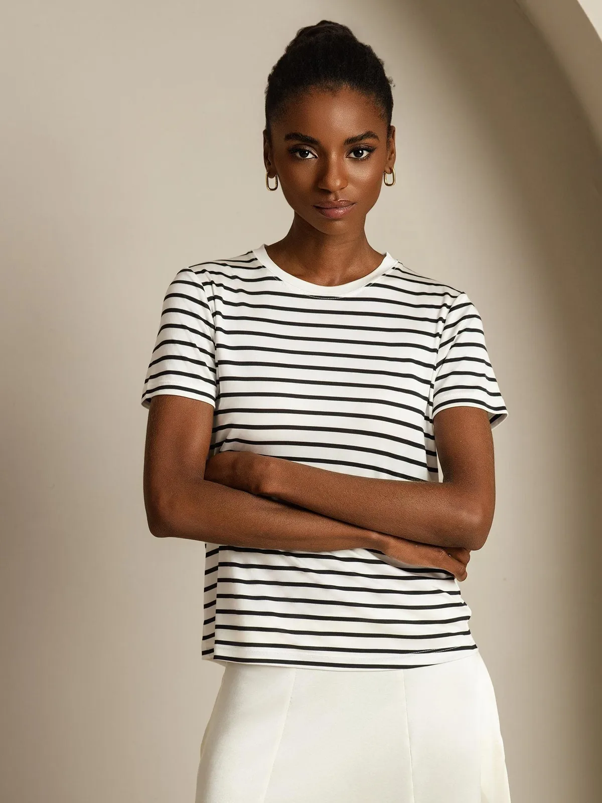 100% Mulberry Silk Crew Neck Short Sleeve Women's Sport Stripe Print T-Shirt — image 5