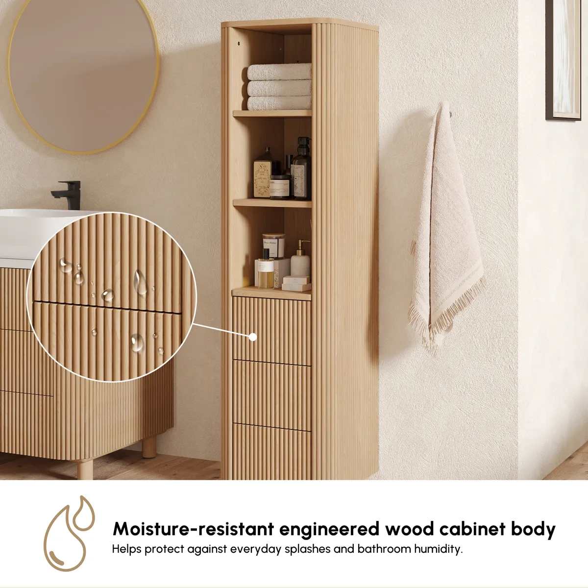 Fluted 58" Bathroom Linen Cabinet with 3 Drawers and Open Shelves — image 7