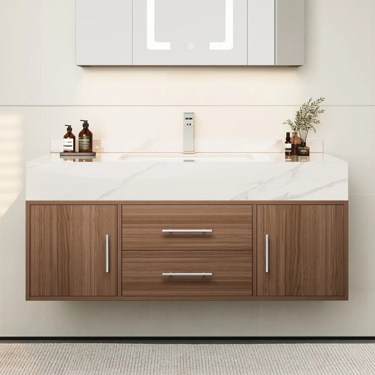 59" Double Sink Bathroom Vanity with Gold Handles – Walnut Modern Floating Vanity — image 13