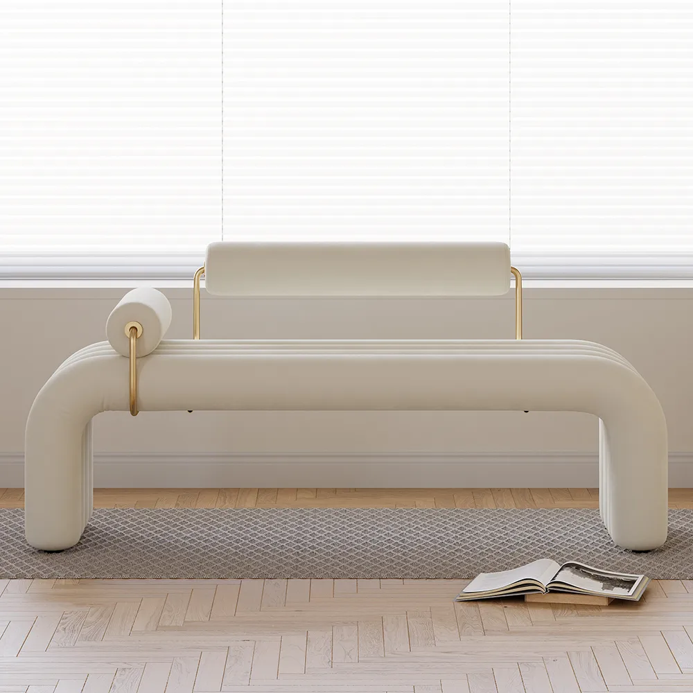 Modern White Line Tufted Bench Velvet Upholstered Entryway Bench in Gold Finish — image 6