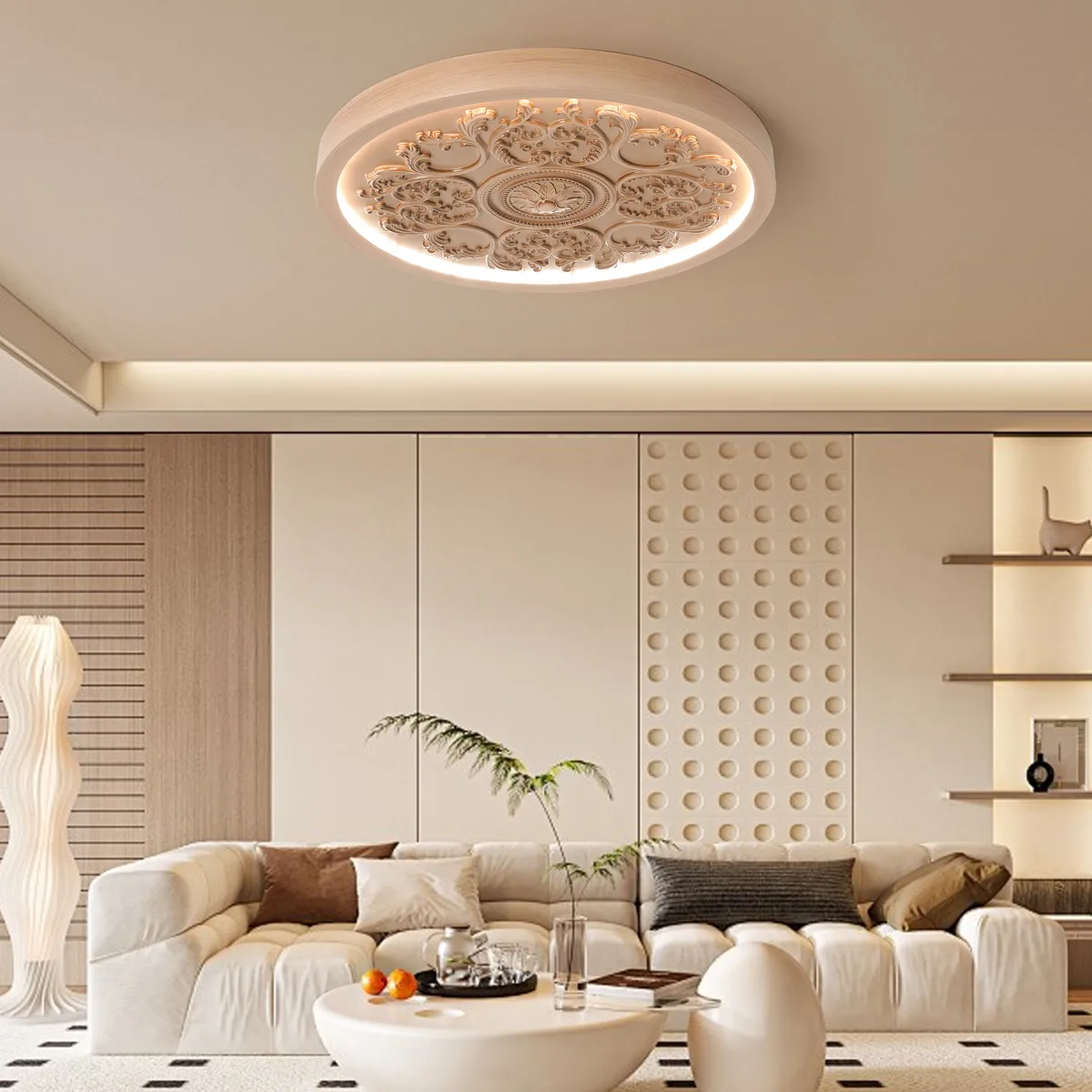 French Elegant White Resin 3D Carved LED Dimmable Flush Mount Ceiling Light — image 4
