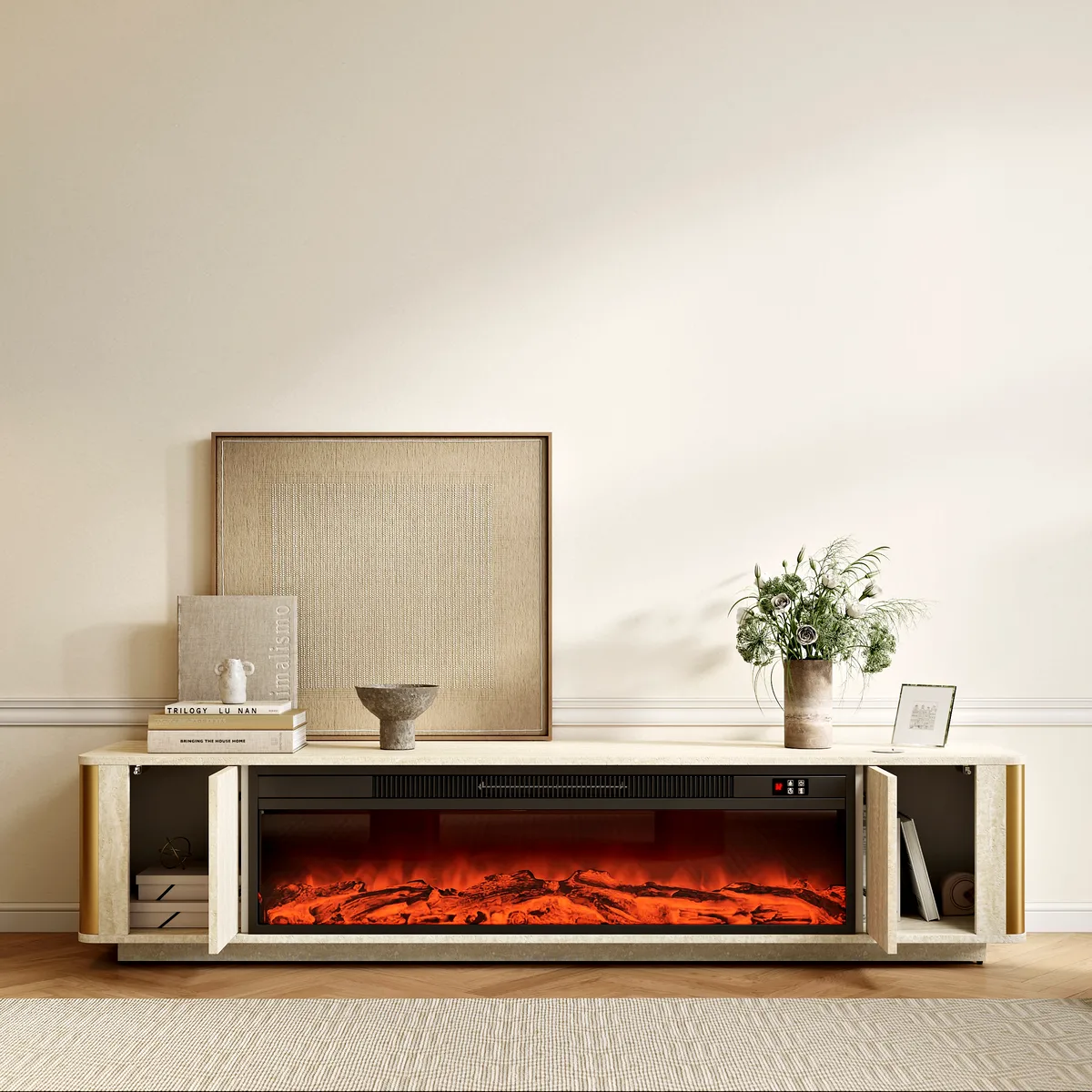79" Travertine Veneer Electric Fireplace TV Stand with Storage in Oatmeal For living Room — image 4