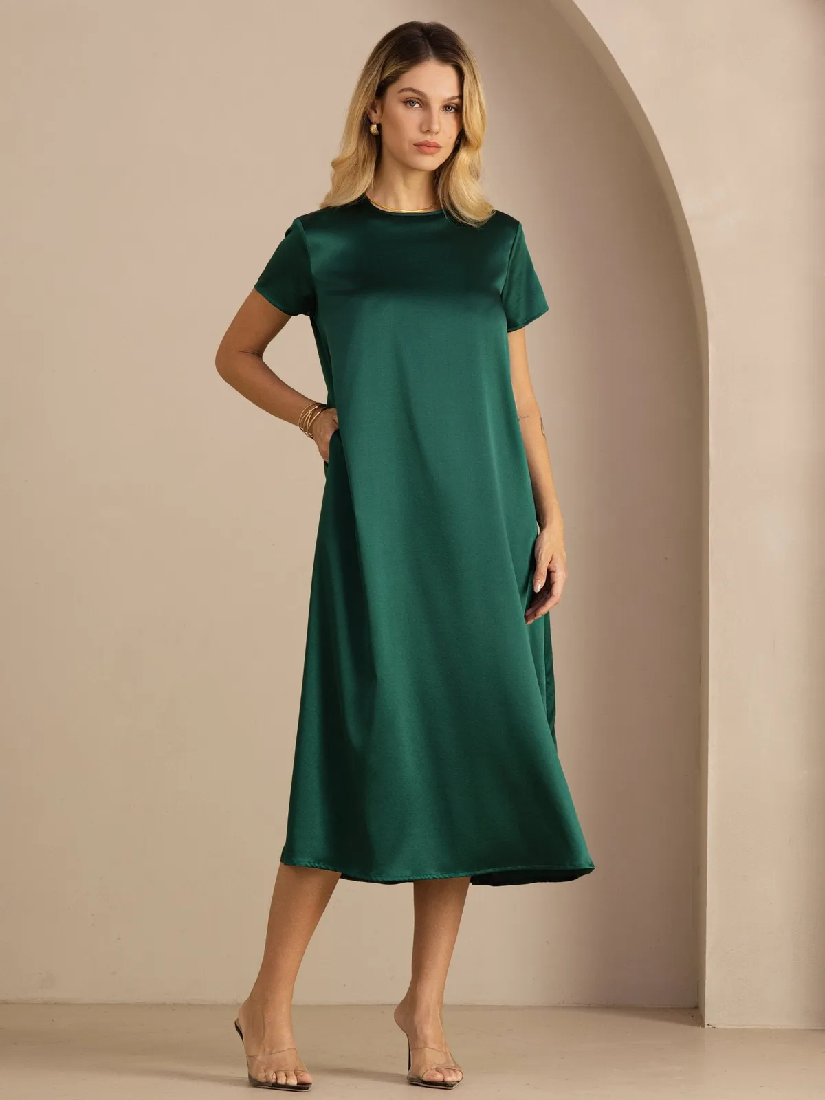 19Momme Silk Short Sleeve Crew Neck Midi Dress With Side Pockets — image 3
