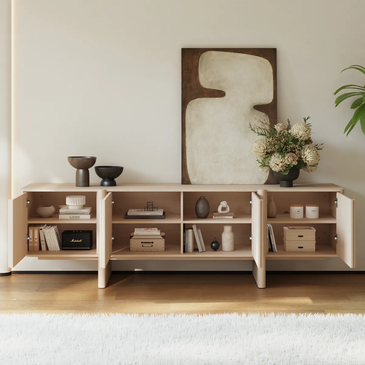 80" Solid Wood Fluted Black TV Stand with Cabinets — image 24
