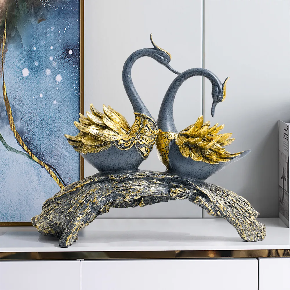 Swan Couple Resin Sculpture in Black & Silver for Home Table Decor — image 2