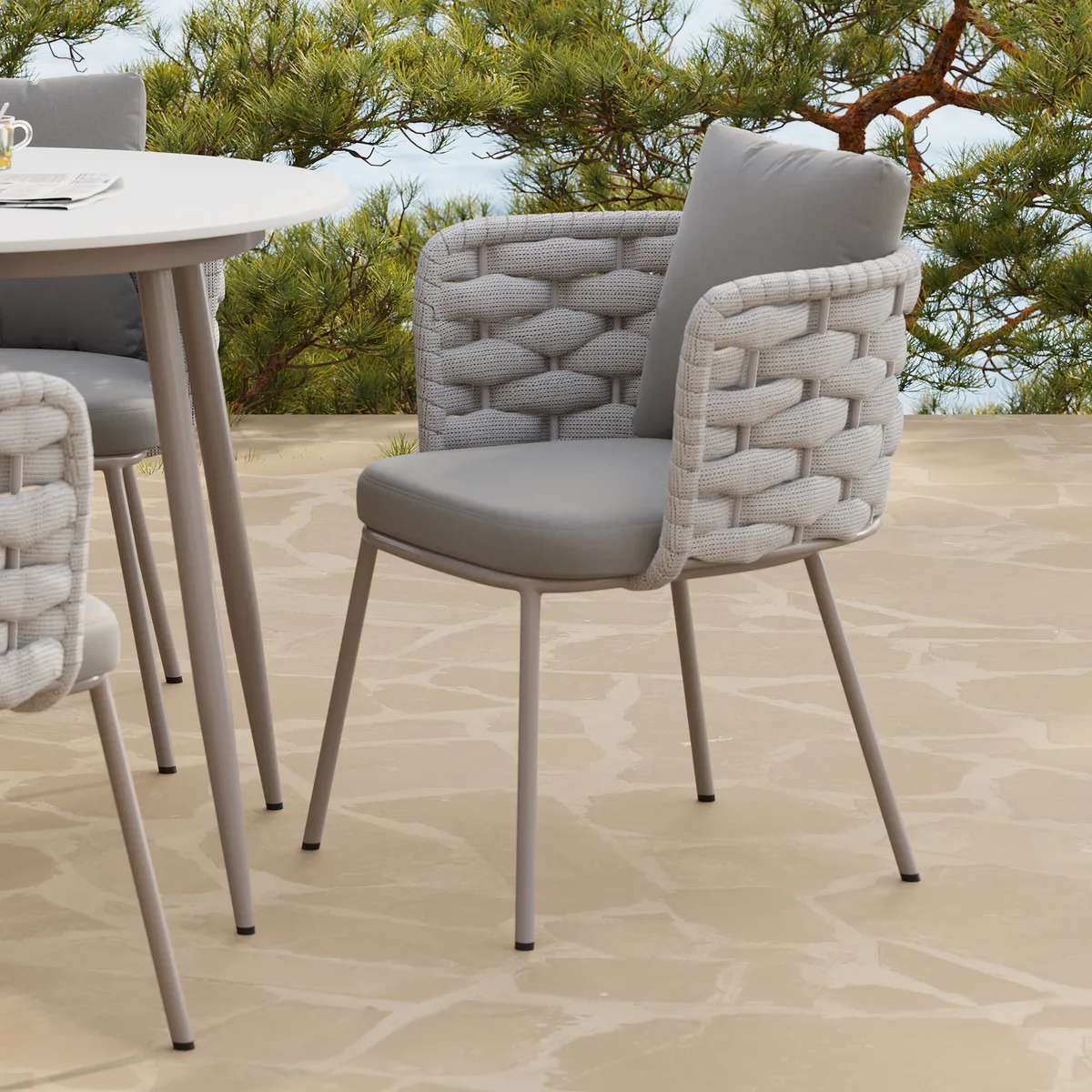 7 PCS 70.9'' Outdoor Sintered St Top Dining Table Set with 6 Rope Woven Armchairs Modern Yard & Patio Dining Furniture Set for 6 Person with Armchairs — image 7