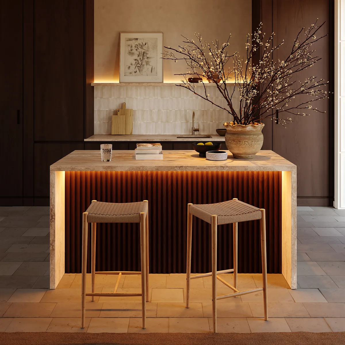72" Waterfall Wood Kitchen lsland Fluted Panel Design with & Storage & LED Light — image 2
