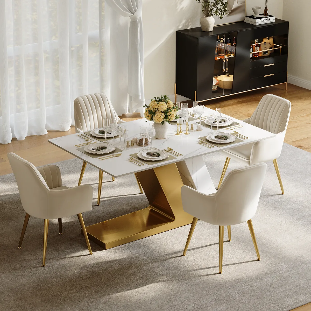 Modern 63" Rectangle Faux Marble Dining Table with 4 Chairs — image 2