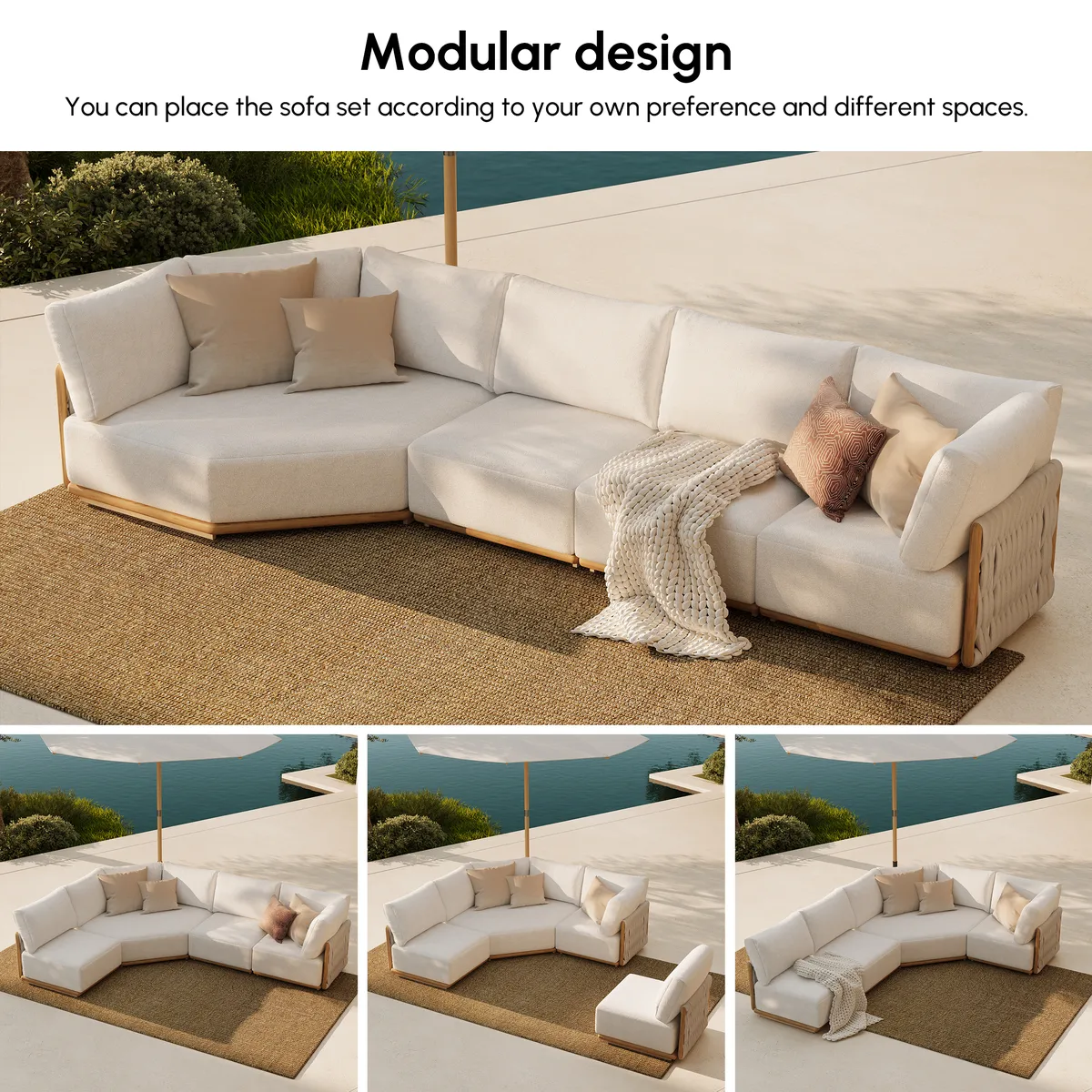 4-Piece Outdoor Teak & Aluminum Sectional Sofa Set with Chaise for 4 in Light — image 6