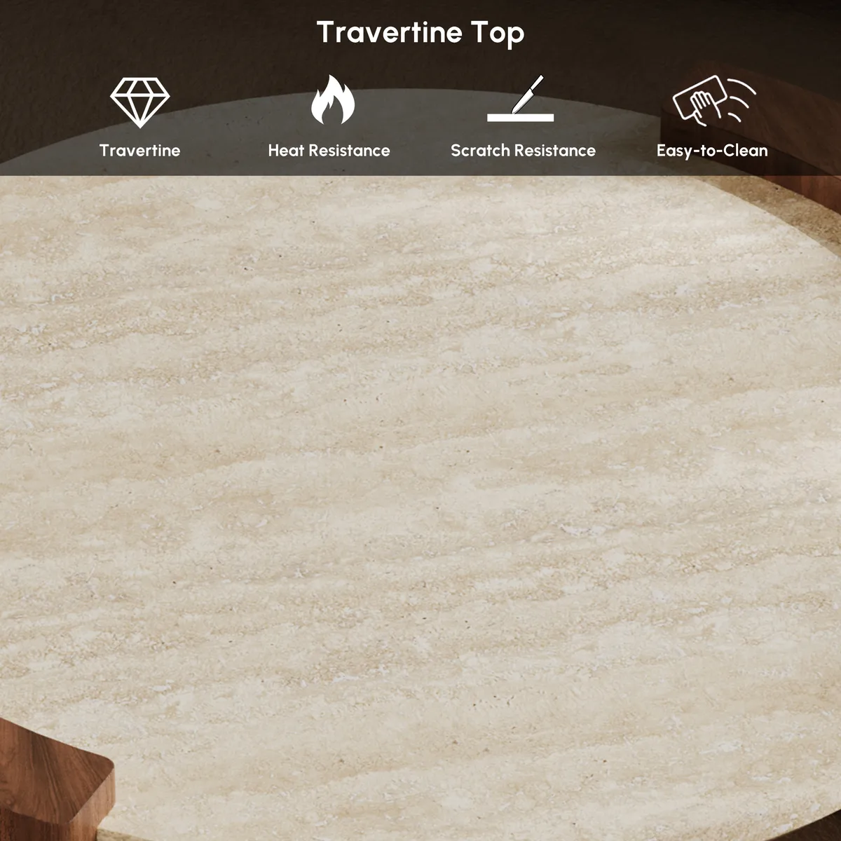 28" Walnut Round Coffee Table with Travertine Top — image 8