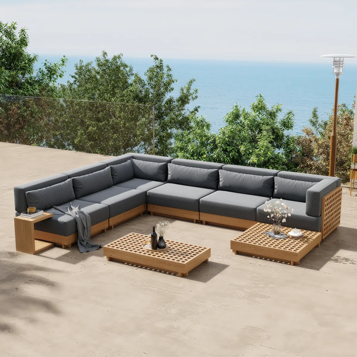 Grida 9-Piece Teak Luxury Modular L-Shaped Outdoor Patio Sectional Sofa Set in Gray with Coffee Table and Cushions — image 15
