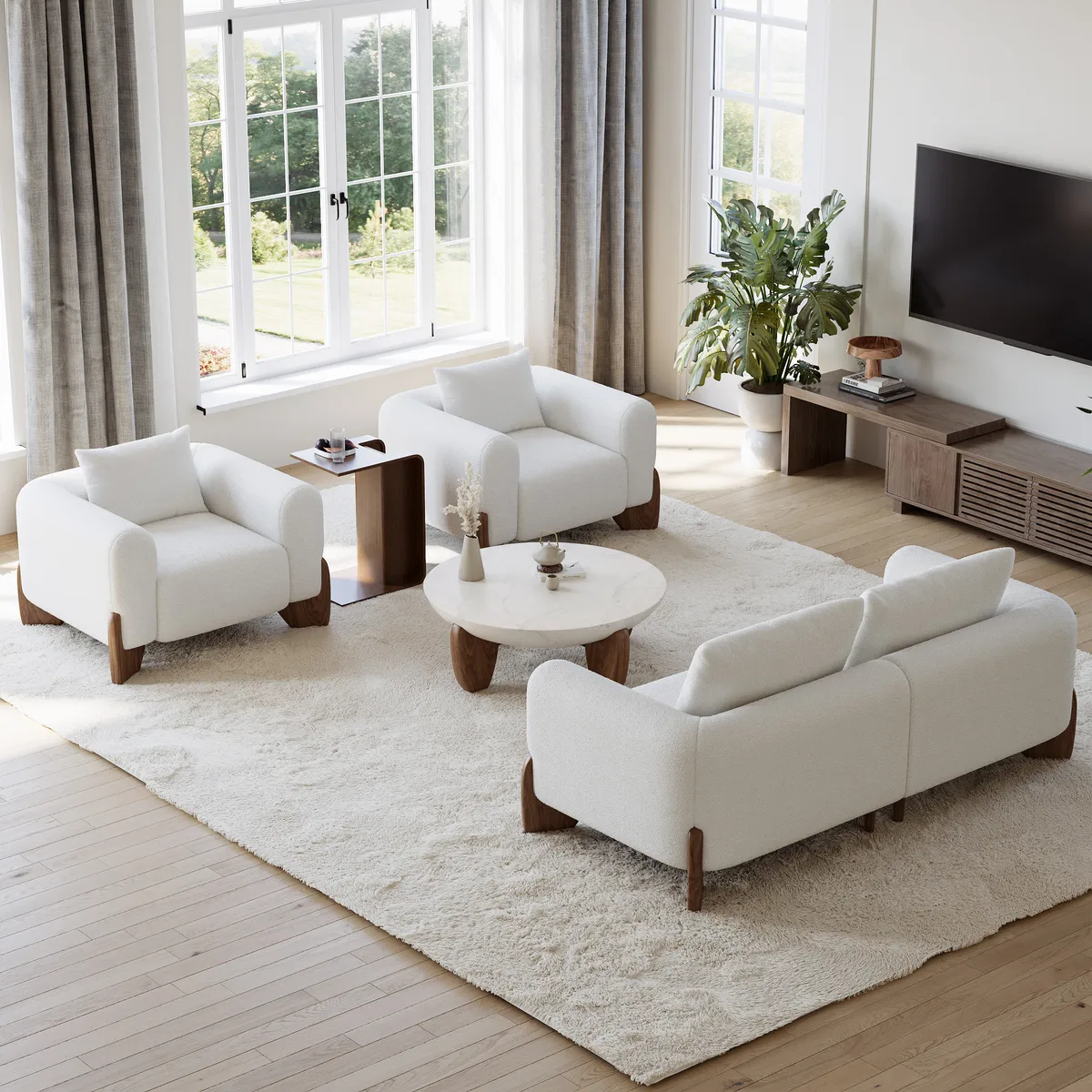 Curva Round Concrete Walnut Coffee Table with Wood Legs — image 15