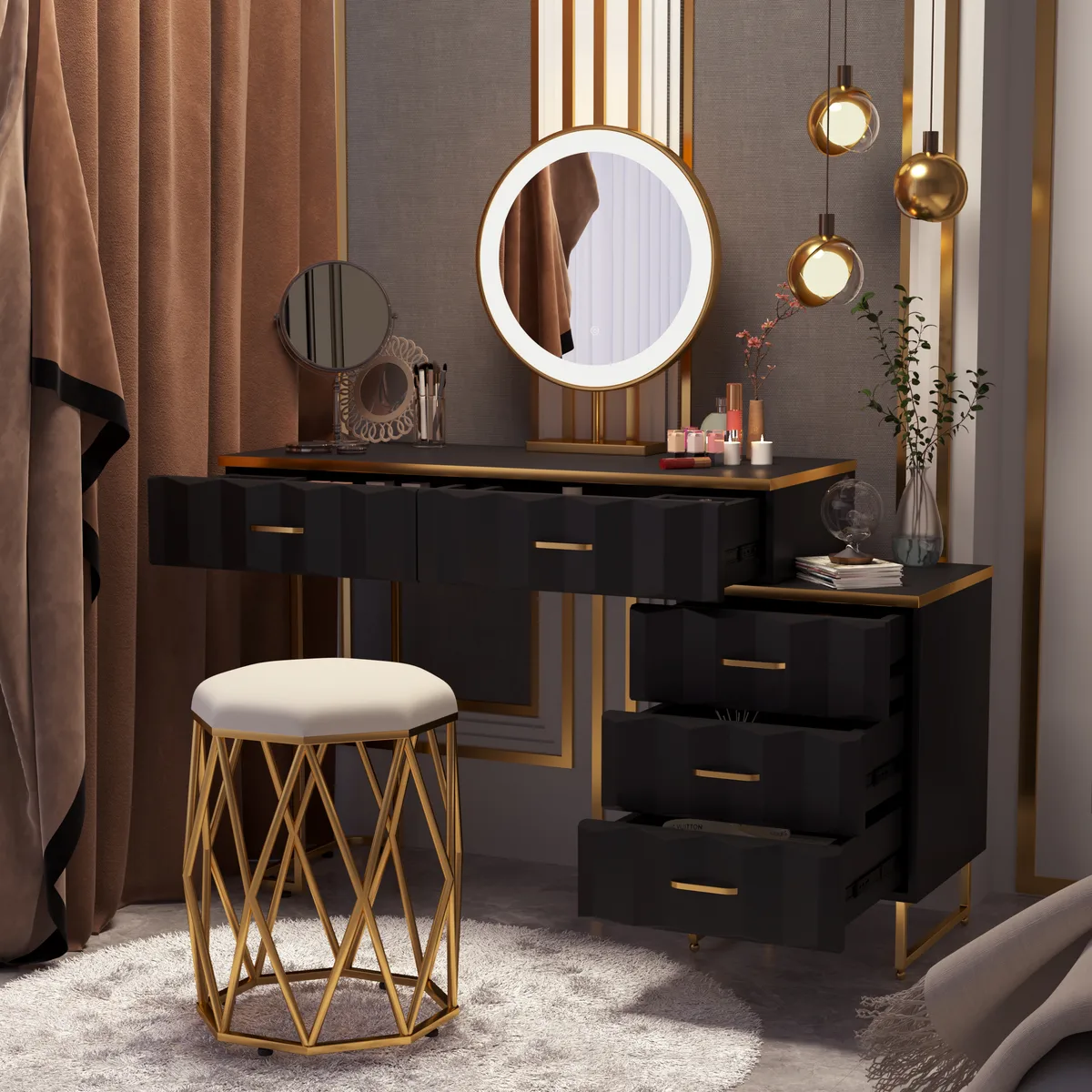 Modern White Extendable Makeup Vanity 5 Drawers Dressing Table Set with Stool and Mirror