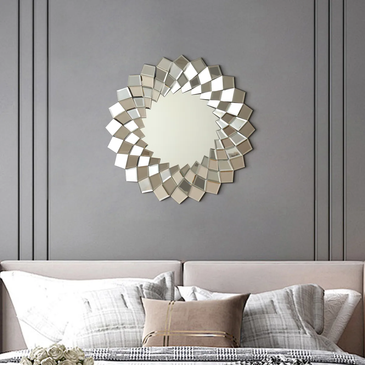 24" Diamond-Shaped Wall Mirror, Silver Round Decorative Mirror — image 9