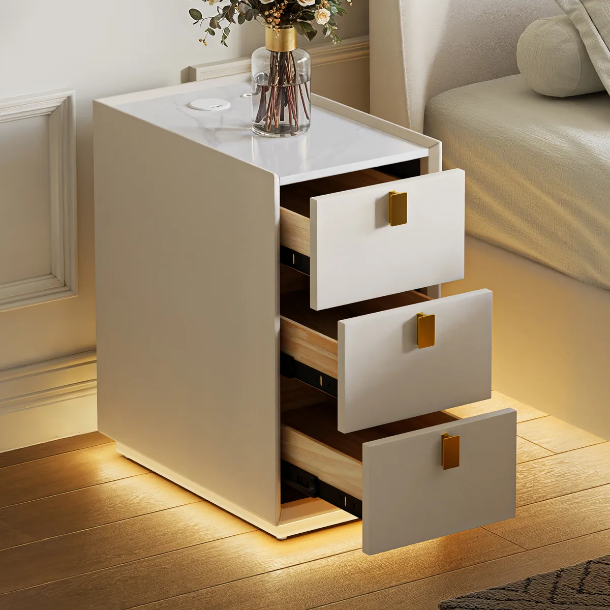 3-Drawer Narrow Bedside Table Faux Leather with Built-in Charging Station | Adjustable Lighting |Sintered Stone Top — image 5