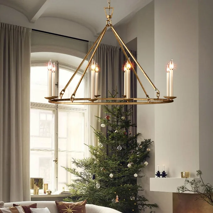35" Rustic Gold Wagon Wheel Chandelier Antique Brass Round Metal Ceiling Light with Candle-Style Bulbs — image 4