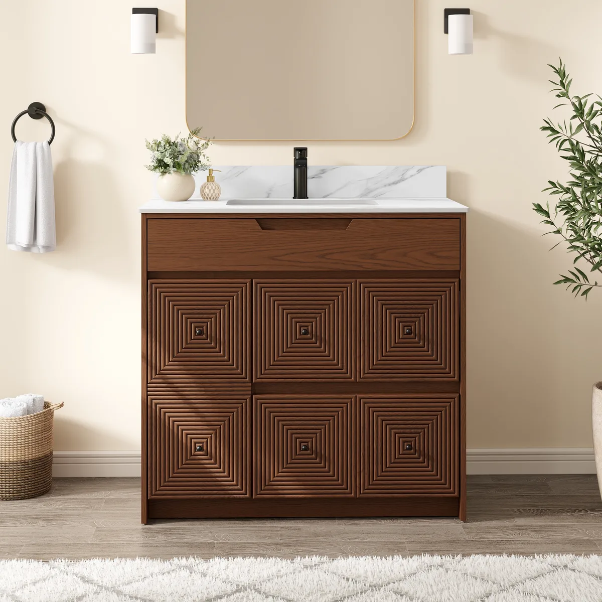 36" Walnut Single Bathroom Vanity with Sink and Sintered Stone Top — image 2