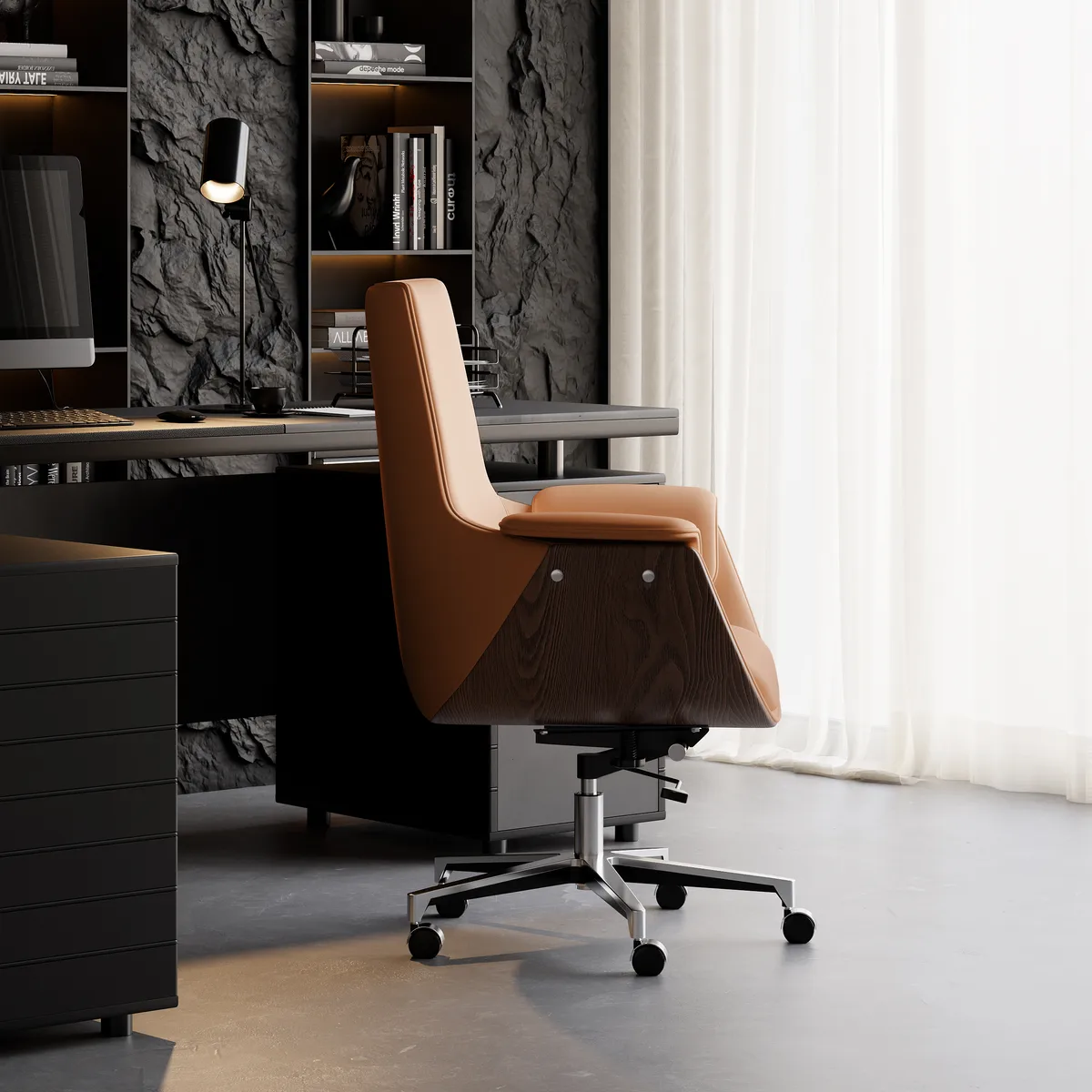 Black Leather Modern Home Office Chair Upholstered High Back Desk Chair Wood Grain Frame — image 16