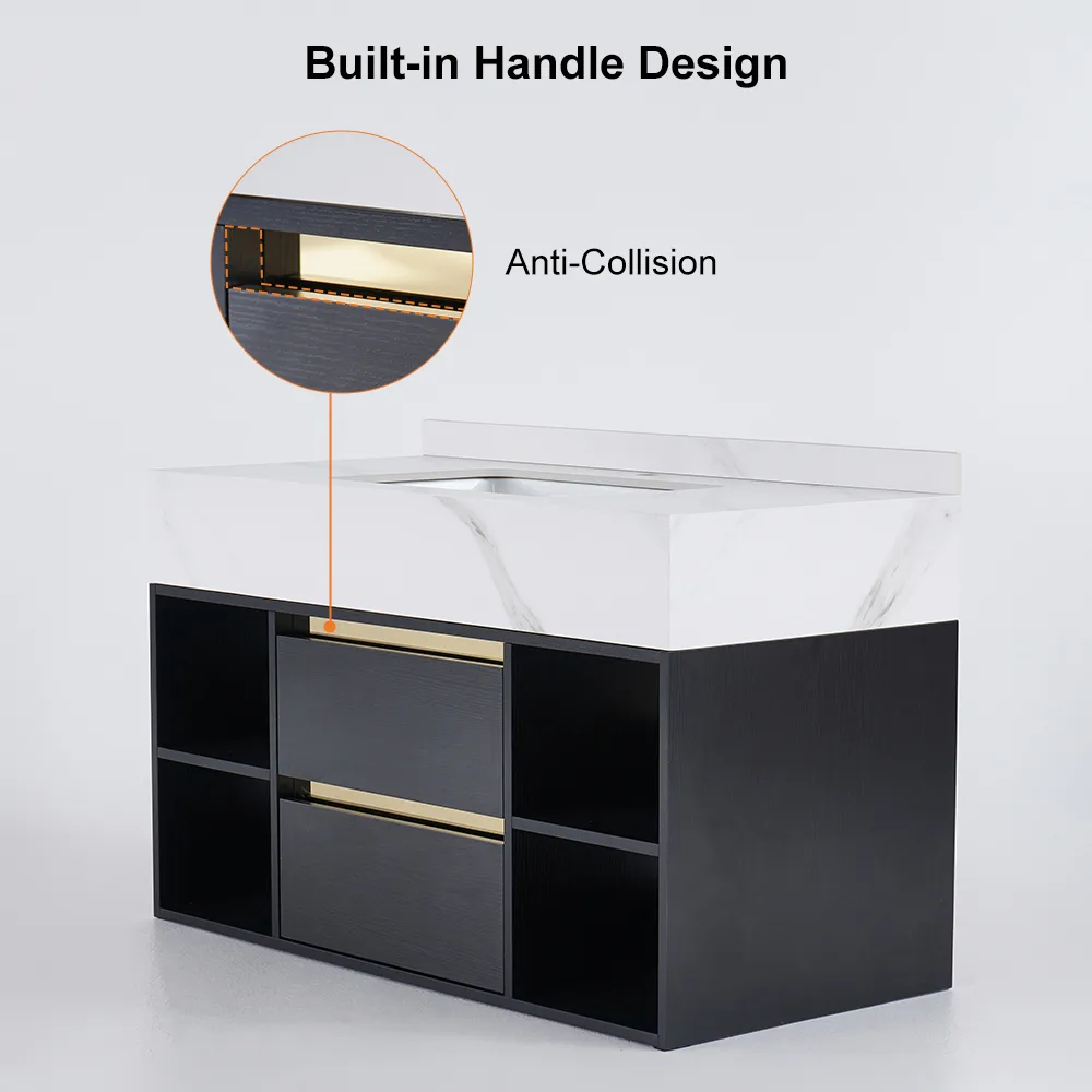 39.4" Floating Bathroom Vanity Set Cultured Marble Black with Ceramic Sink & 2 Drawers — image 8
