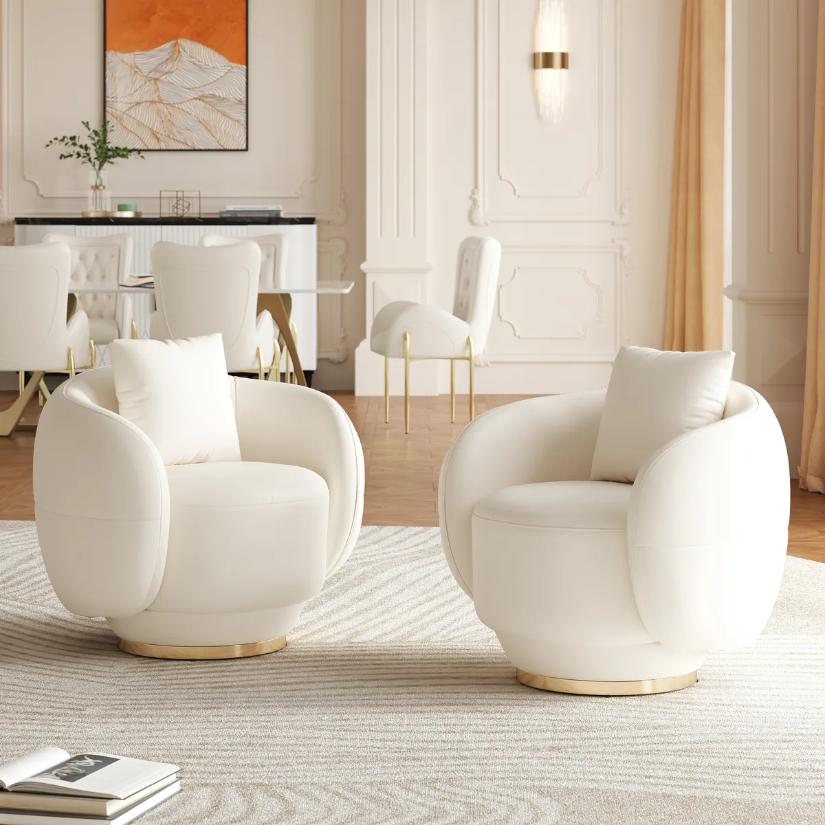 Swivel Barrel Accent Chair Faux Leather Armchair for Living Room in Warm White (35" Wide) — image 2