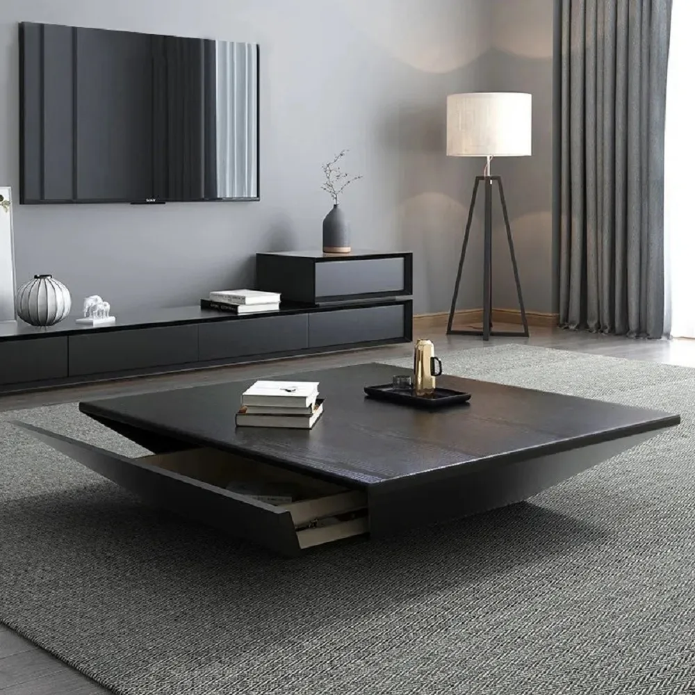 Modern Black Wood Coffee Table with Storage Square Drum with Drawer — image 3