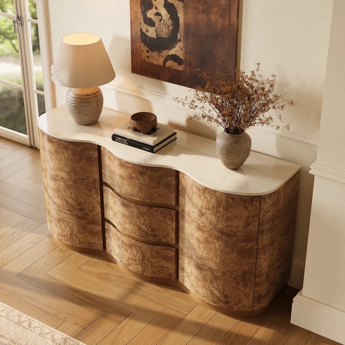 Modern 63" Burl Sideboard with Sintered Stone Top — image 2